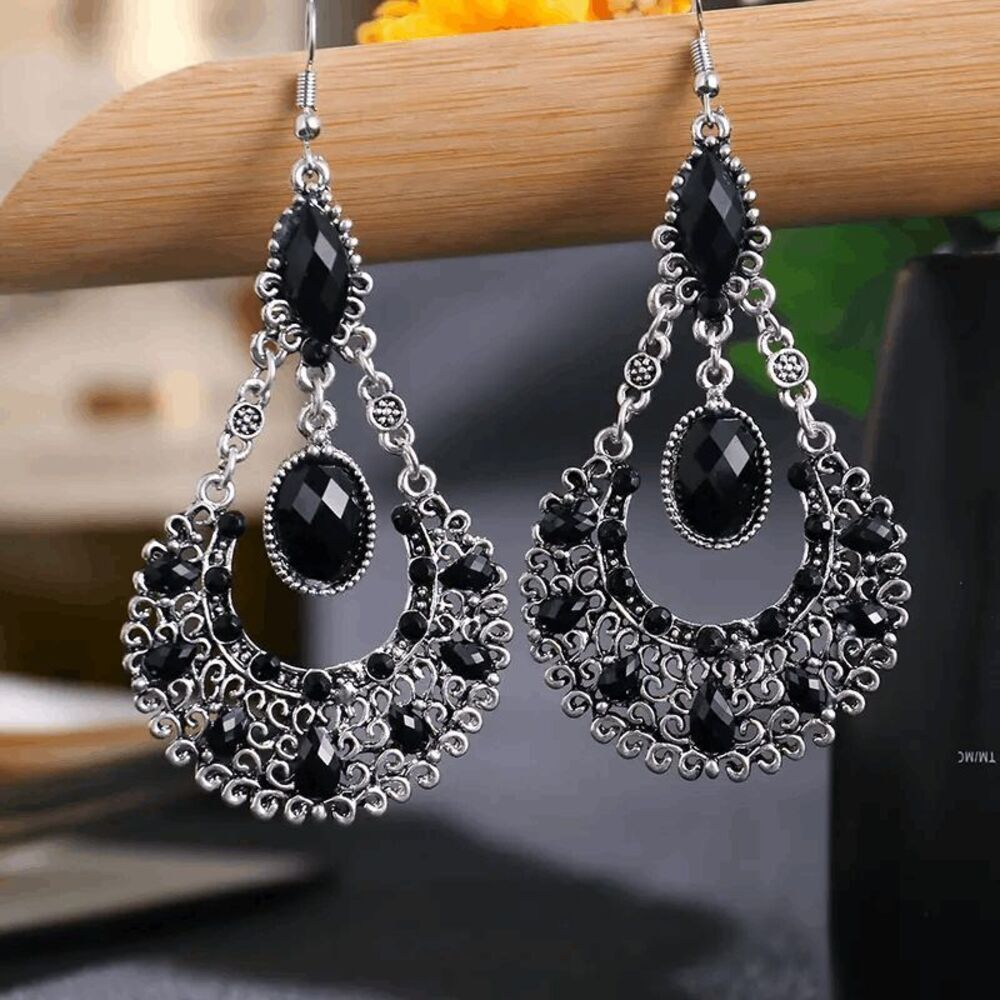 Boho Filigree Black Diamond Dangle Earrings